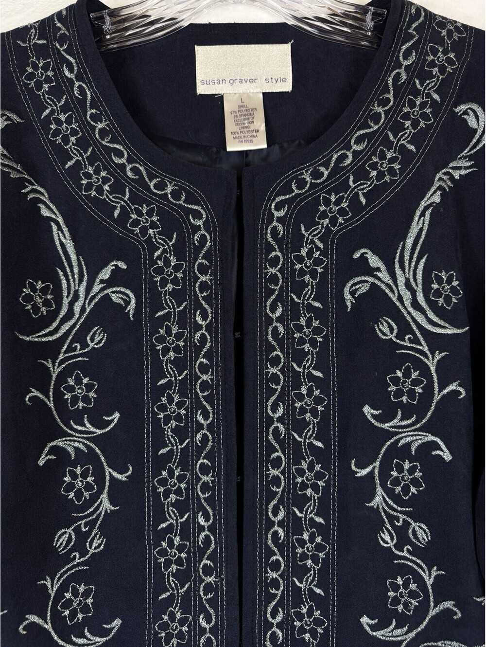 Susan Graver Jacket Large Blue Embroidered Long Sleeve Womens Blazer